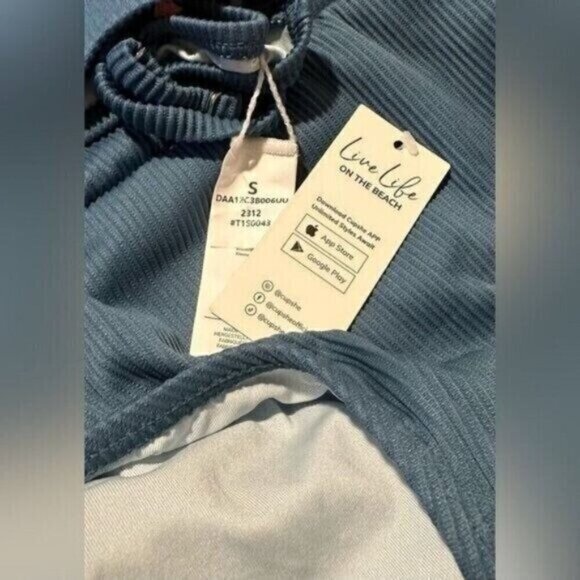 Cupshe Women’s Blue Ribbed Bikini Set Small Scoop Neck Top High Waist Bottom - Picture 7 of 8